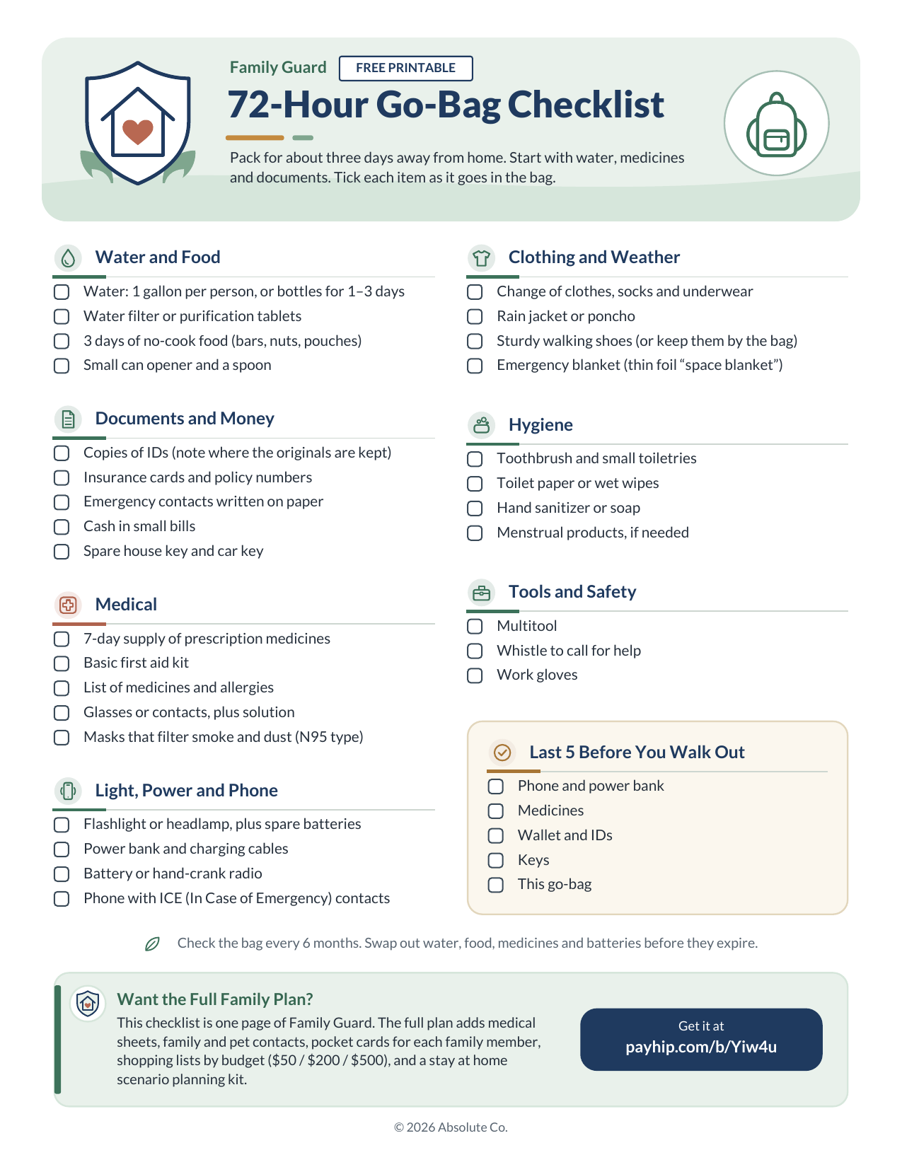 The free one-page Family Guard 72-Hour Go-Bag Checklist, with tick boxes grouped into water and food, documents and money, medical, light and power, clothing, hygiene, tools and a last five items list