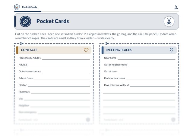 Sample pocket cards page from the Family Guard emergency binder